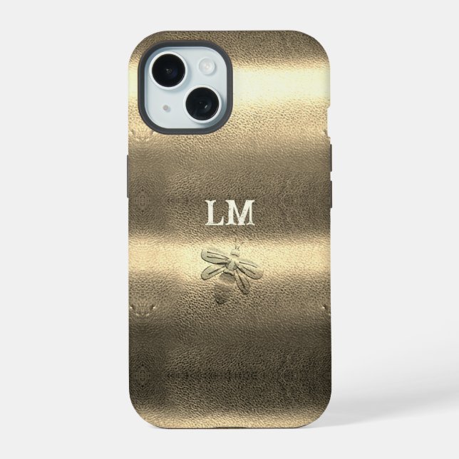 Cooles Gold Look Bee Monogram iPhone 15 Hülle (Rückseite)