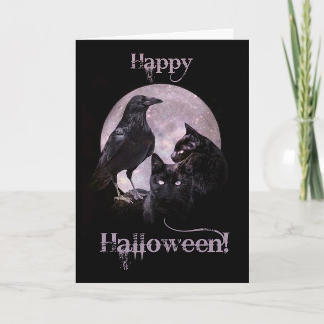 Cooles Gothic Raven and Black Cat Halloween Karte (Vorderseite)