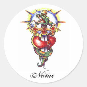 Cooles Herzschwert und Schlangentätowierung Runder Aufkleber