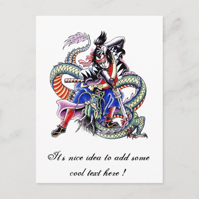 Cooles japanisches Samurai Fight Dragon Tattoo Postkarte (Vorderseite)