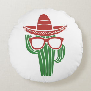 Cooles Kakteen-Maskottchen mit Sombrero-Hut und Br Rundes Kissen