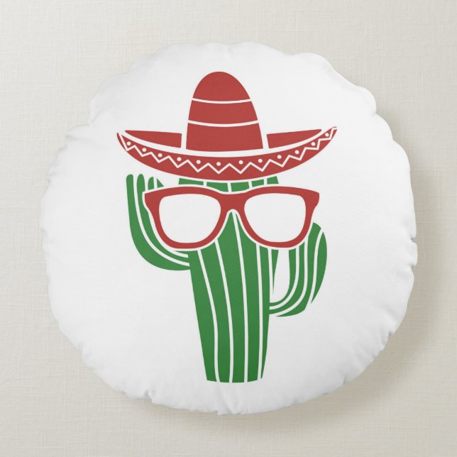 Cooles Kakteen-Maskottchen mit Sombrero-Hut und Br Rundes Kissen (Vorderseite)