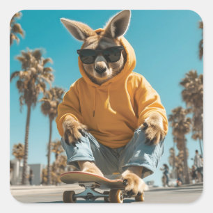 Cooles Kangaroo in Sonnenbrille auf einem Skateboa Quadratischer Aufkleber