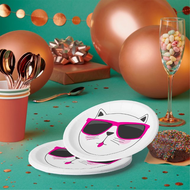 Cooles Katzengesicht mit rosa Sonnenbrille Niedlic Pappteller (Von Creator hochgeladen)