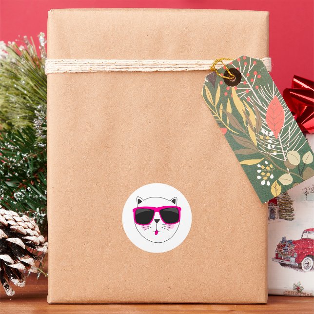 Cooles Katzengesicht mit rosa Sonnenbrille Niedlic Runder Aufkleber (Von Creator hochgeladen)