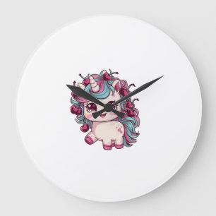 Cooles kawaii Einhorn mit Kirschen Langarm T-Shirt Große Wanduhr