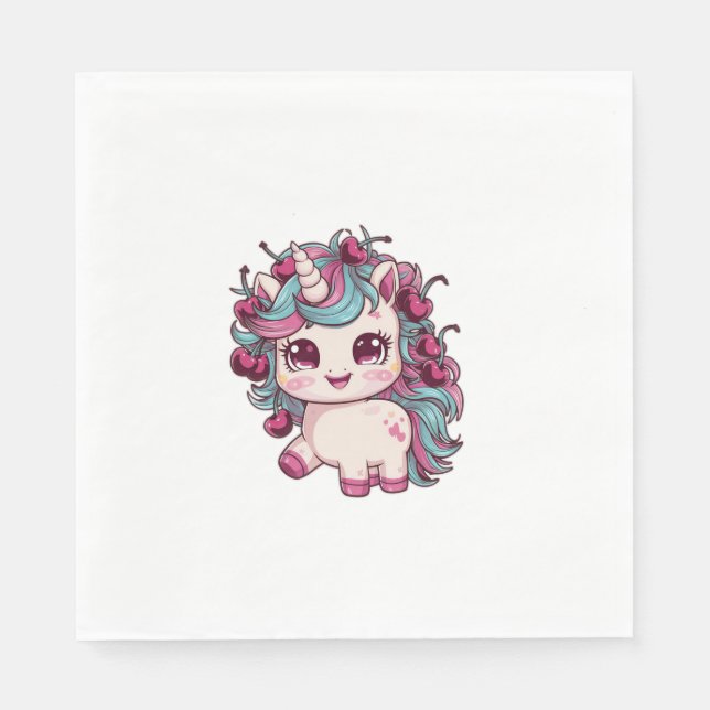 Cooles Kawaii Einhorn mit Kirschen Langschläfchen  Serviette (Vorderseite)