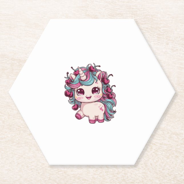Cooles Kawaii Einhorn mit Kirschen Langschläfchen  Untersetzer (Vorderseite)