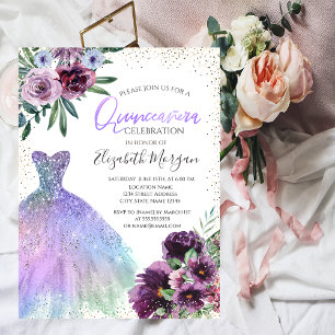 Cooles Kleid, Confetti Violet Blume Quinceañera Einladung
