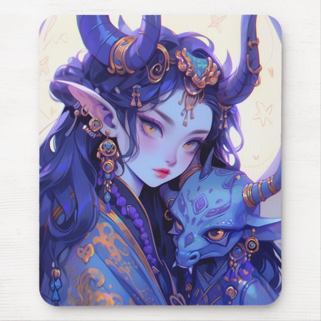 Cooles Lila und Gold Horned Elf Anime Girl Mousepad (Vorne)