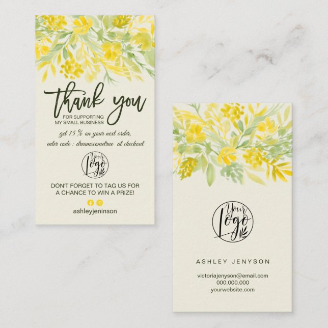 Cooles Logo in Gelbgrün, Blumenbezug, vielen Dank Visitenkarte (Vorne/Hinten)