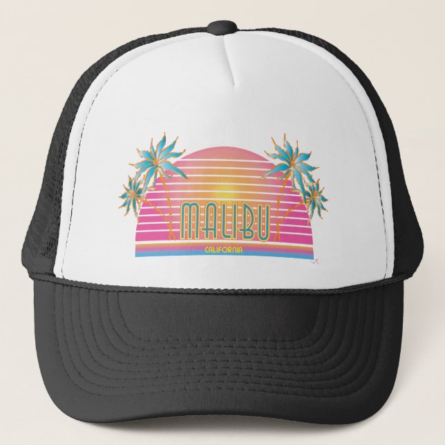 Cooles Logo von Malibu-CA-Sun Palm Trees Truckerkappe (Vorderseite)