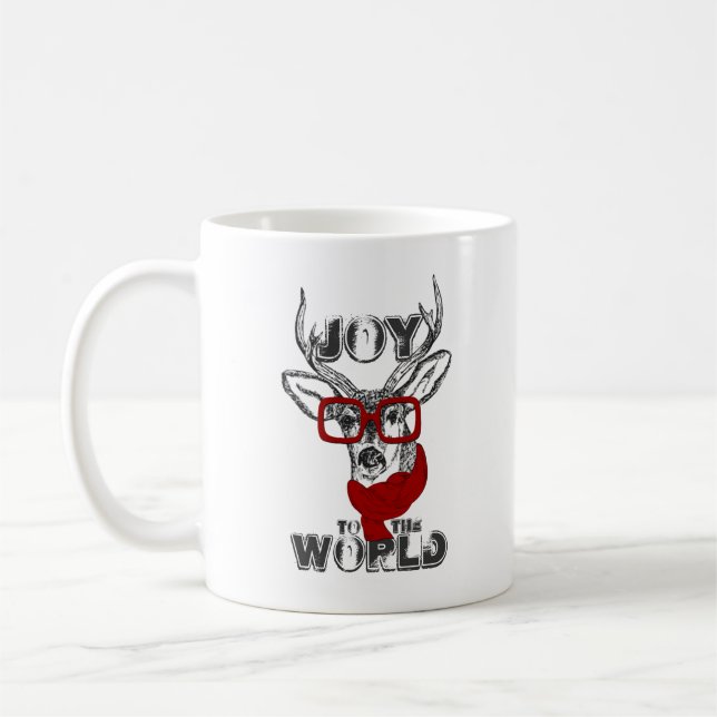 Cooles, lustiges Hirschskizze "Joy to World" Zitat Tasse (Links)