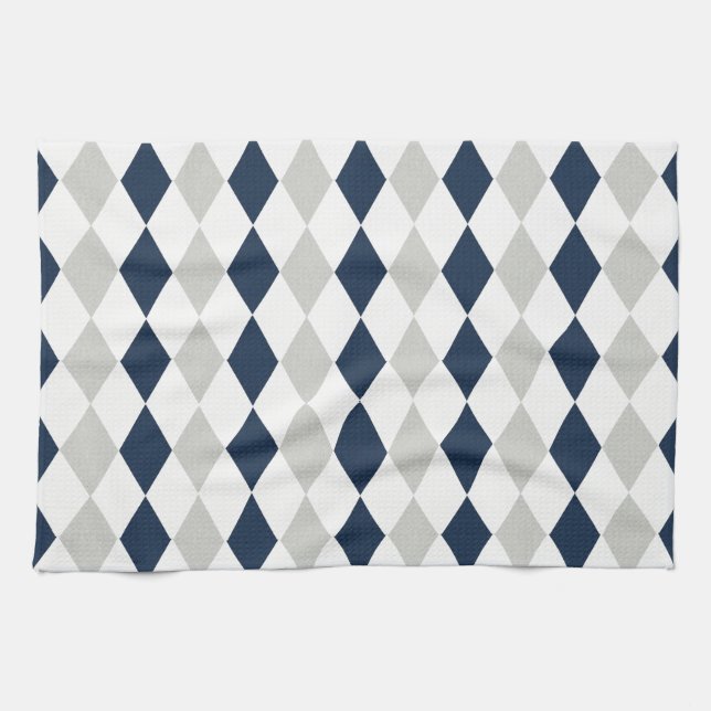 Cooles Marine-Blau-und Grau-Rauten-Diamant-Muster Handtuch (Horizontal)