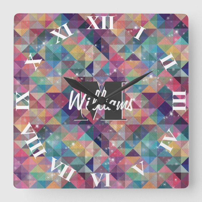 Cooles, modernes, farbiges geometrisches Muster Quadratische Wanduhr (Vorderseite)