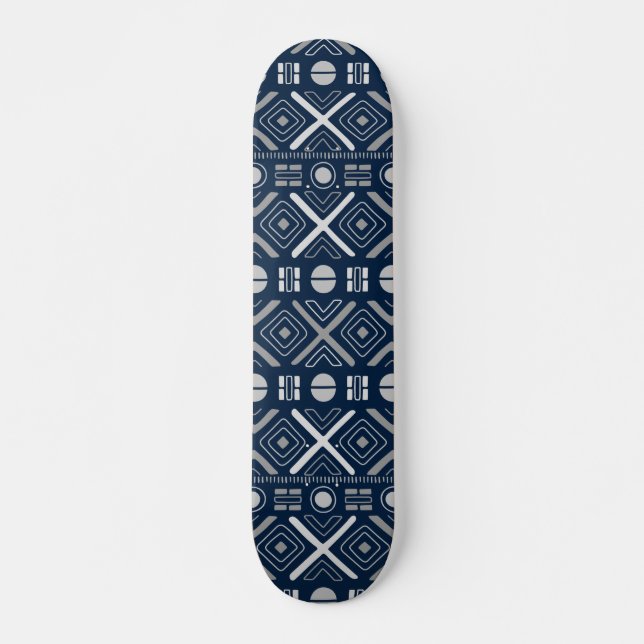 Cooles modernes geometrisches, blaues Silbermuster Skateboard (Vorne)