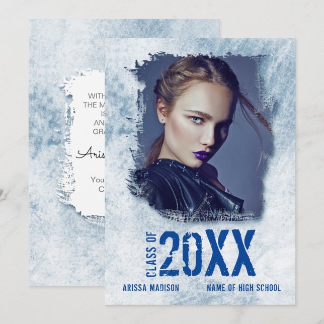 Cooles modernes Grunge Doppelseitiges Foto Blue Gr Ankündigung (Vorne/Hinten)