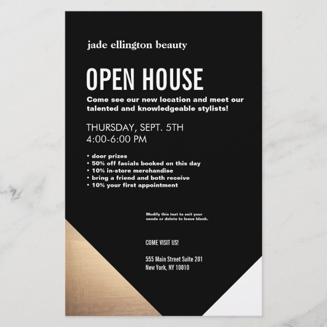 Cooles modernes Schwarz-Gold-Friseur-Open House Flyer (Vorne)