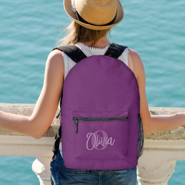 Cooles Monochrome Lila Modernes Script Monogram Bedruckter Rucksack (Von Creator hochgeladen)
