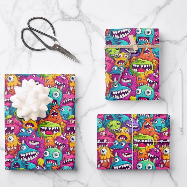 Cooles Monster Partys unisex Kinder Geschenkpapier Set (Vorderseite)