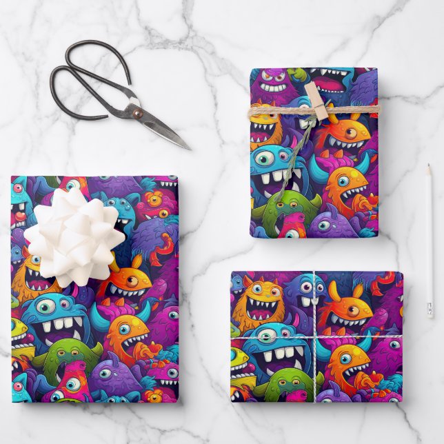 Cooles Monster Partys unisex Kinder Geschenkpapier Set (Vorderseite)