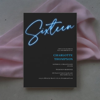 Cooles Neon-Blue-Script Retro Schwarzes Foto Sweet Einladung