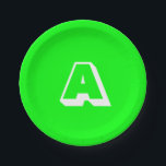 Cooles Neongrün, benutzerdefinierte Monogramm Pappteller<br><div class="desc">Coole Neon-Grün-Weiß-Monogramm erste moderne Party Paper Teller. Weißer Buchstabe,  neongrüner Hintergrund.</div>