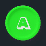 Cooles Neongrün, benutzerdefinierte Monogramm Pappteller<br><div class="desc">Coole Neon-Grün-Weiß-Monogramm erste moderne Party Paper Teller. Weißer Buchstabe,  neongrüner Hintergrund.</div>