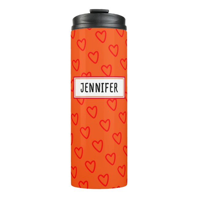 Cooles Orangefarbenes Herz Muster zurück zum Schul Thermosbecher (Vorderseite)