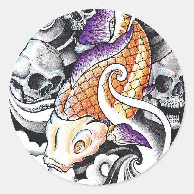 Cooles Oriental Koi Carp Skull-Tattoo Runder Aufkleber (Vorderseite)