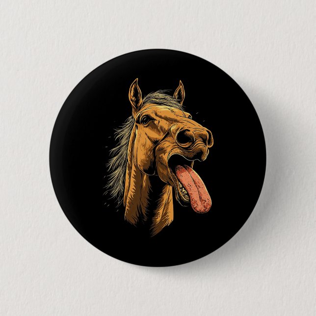 Cooles Pferd mit Zungenpferden auf Pferdebasis Button (Vorderseite)