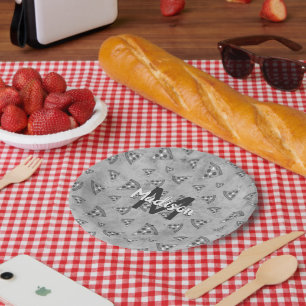 Cooles Pizzastück Vintage Schwarz Weiß Grau Monogr Pappteller