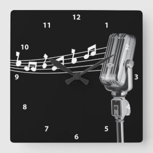 Cooles Retro-Mikrofon und Noten-Uhr Quadratische Wanduhr
