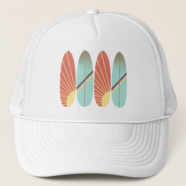 Cooles Retrorot und blaues Surfbrett Truckerkappe (Vorderseite)