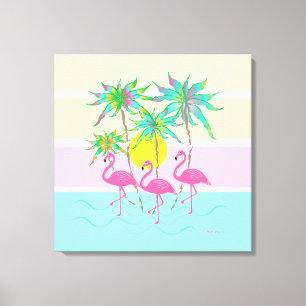 Cooles rosa Flamingos Sonne und Palmen Bäume Wine  Leinwanddruck