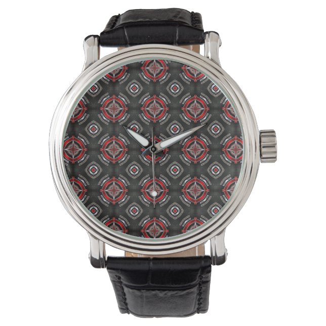 Cooles rotes und schwarzes geometrisches Muster Armbanduhr (Vorderseite)