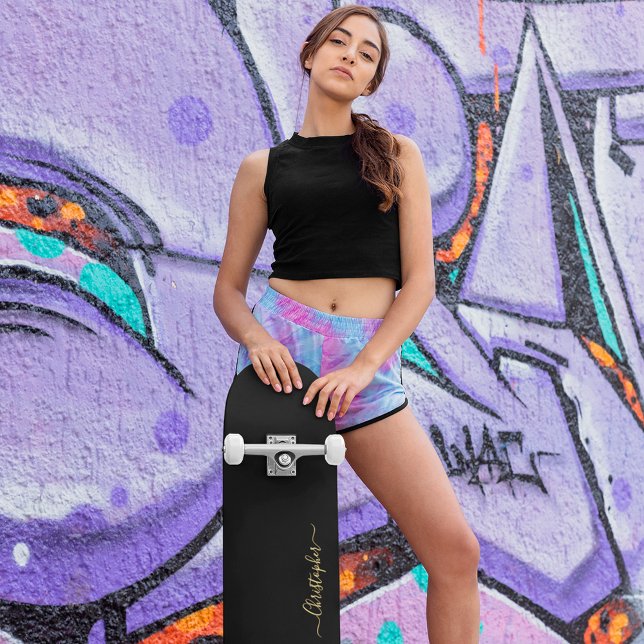 Cooles Schlichtes Schwarzes Gold Mit Monogramm sig Skateboard (Cool Solid Plain Black Gold Monogrammed Signed Skateboard)