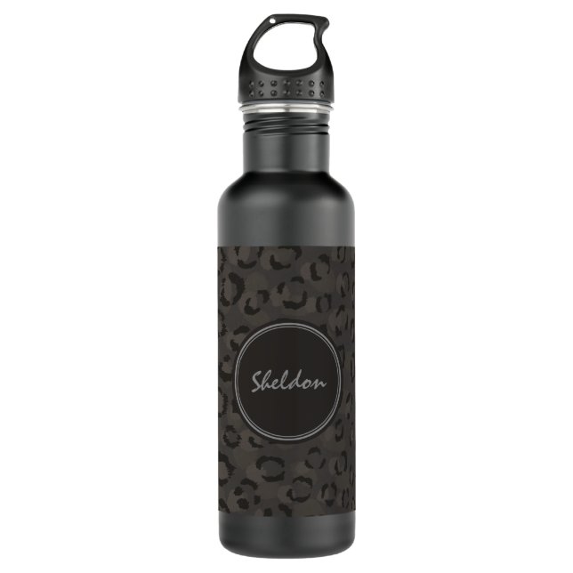 Cooles Schwarz-Grauen-Geparden-Monogramm Trinkflasche (Vorderseite)