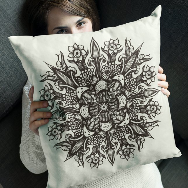 Cooles Schwarz-Weiß-Pilz-Botanisches Mandala Kissen (Von Creator hochgeladen)