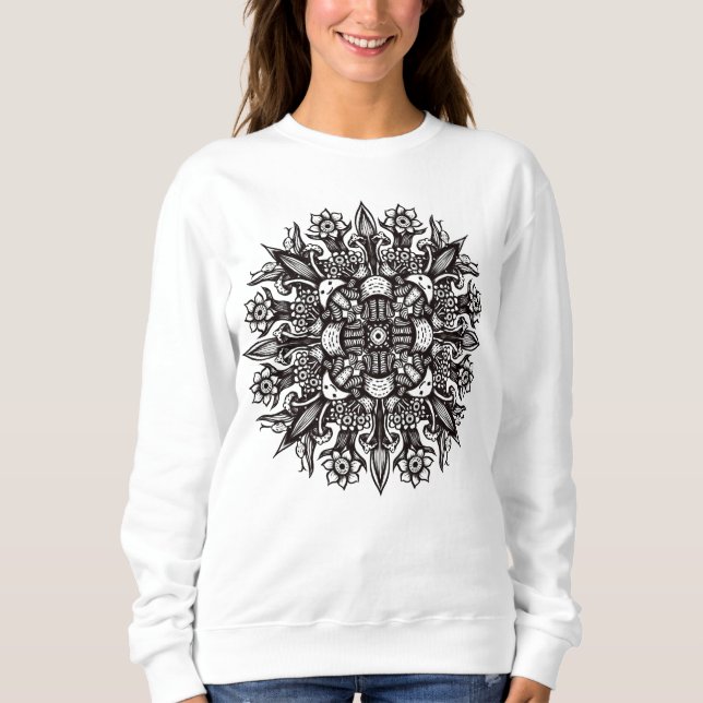 Cooles Schwarz-Weiß-Pilz-Botanisches Mandala Sweatshirt (Vorderseite)