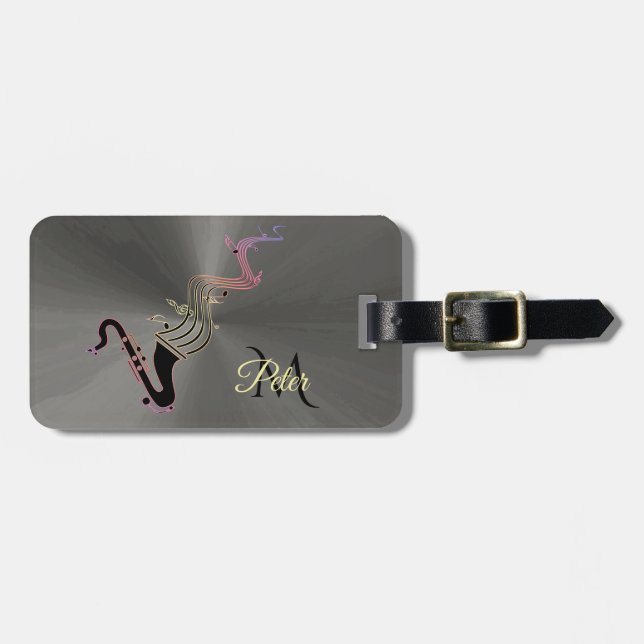 Cooles schwarzes Saxophone-und Gepäckanhänger (Vorderseite horizontal)