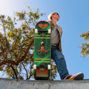Cooles Shiny Green Mit Monogramm Octopus Skateboar Skateboard