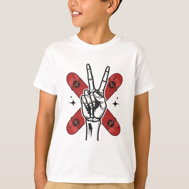 Cooles Skeleton-Friedenszeichen-Skateboard-Kinder- T-Shirt (Vorderseite)