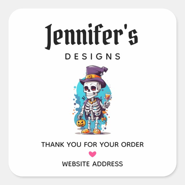 Cooles Skelett in einem Top-Hat-Halloween-Geschäft Quadratischer Aufkleber (Vorderseite)