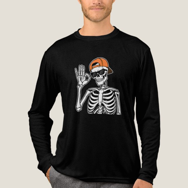 Cooles Skelett mit Orange Cap | Angesagt-Hop Hallo Tri-Blend Shirt (Vorderseite)