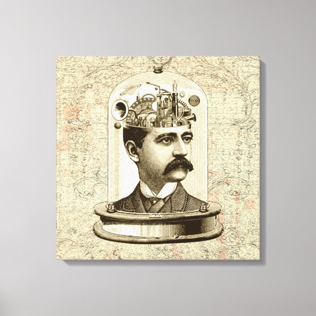 Cooles Steampunk Head Art Uhrwerk Gehirn in Glas Leinwanddruck (Vorderseite)