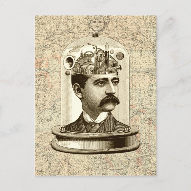 Cooles Steampunk-Uhrwerkgehirn, Kopf in Glas Art Postkarte (Vorderseite)
