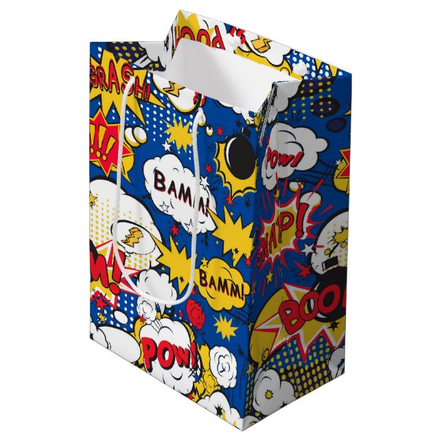 cooles Superheld-Wortart-Muster Mittlere Geschenktüte (Vorderseite Schrägansicht)