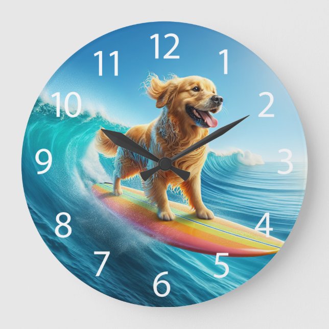 Cooles Surfen Goldener Retriever Große Wanduhr (Vorderseite)