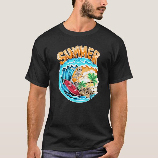 Cooles Surfen Skeleton Surfer Schwimmer Beach Wave T-Shirt (Vorderseite)